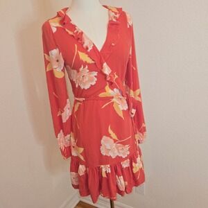Billabong Coral Floral Wrap‎ Dress Medium Ruffle Long Sleeve Boho, wedding guest